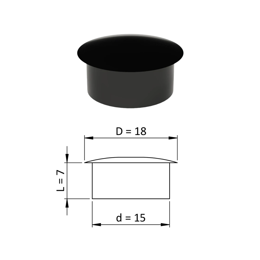 Vnútorná krytka guľatá ø 18 mm, otvor ø 15 mm, čierna, plast