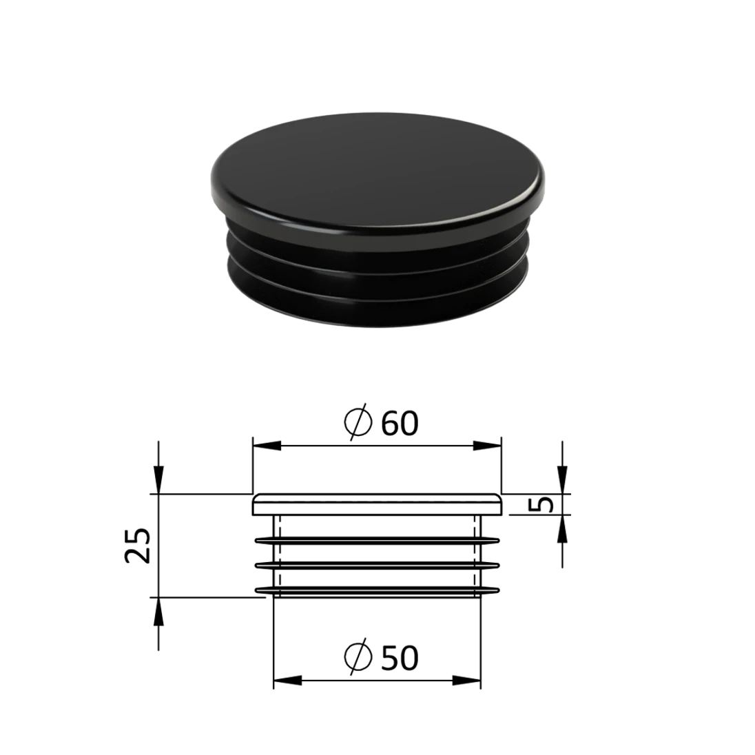 Vnitřní krytka kulatá ø 60 mm, plastová, černá