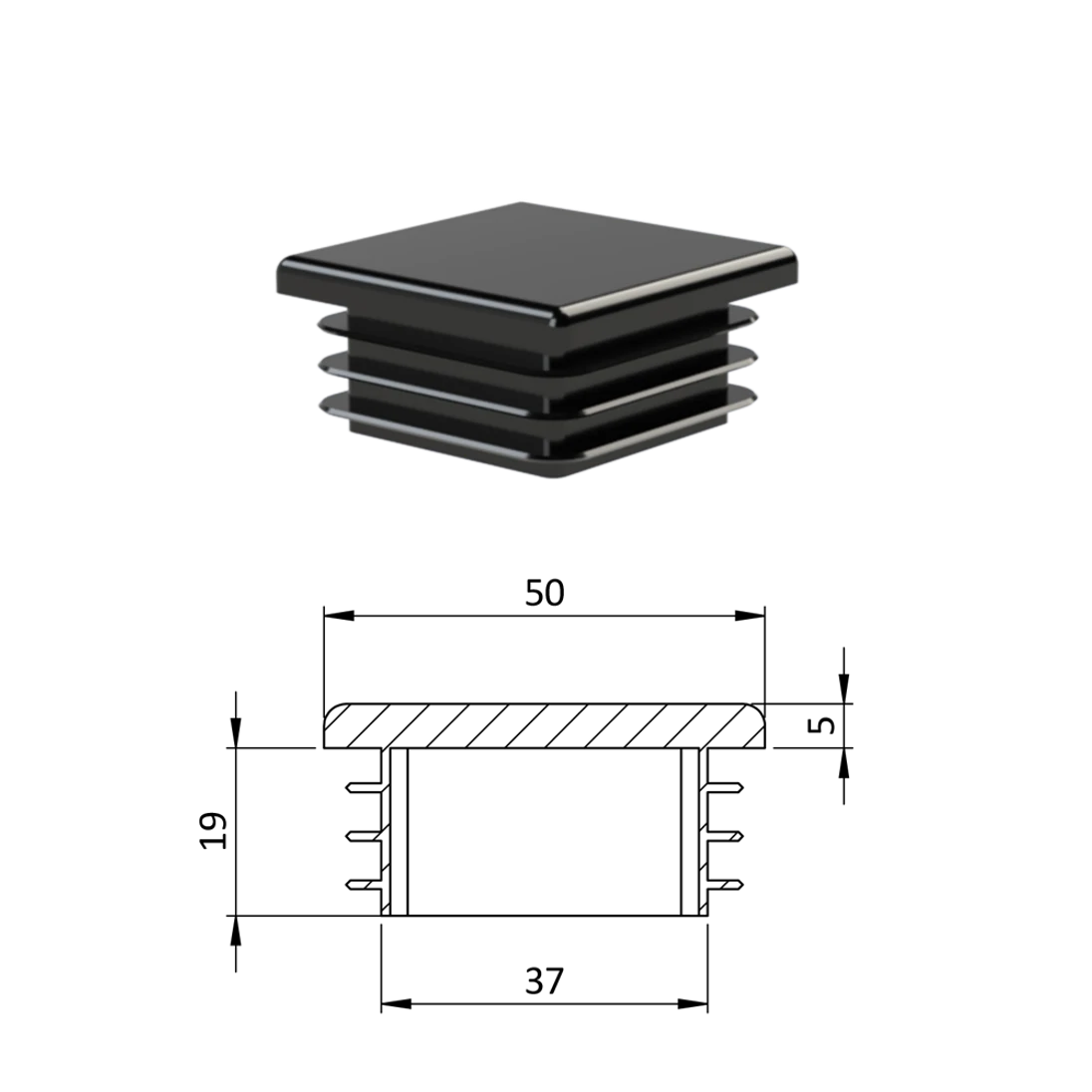 Krytka plastová 50 x 50 x 3 - 5 mm, čierna