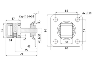Záves M12 s platňou 80 x 80 mm, 90° nastaviteľný 1D - slide 1