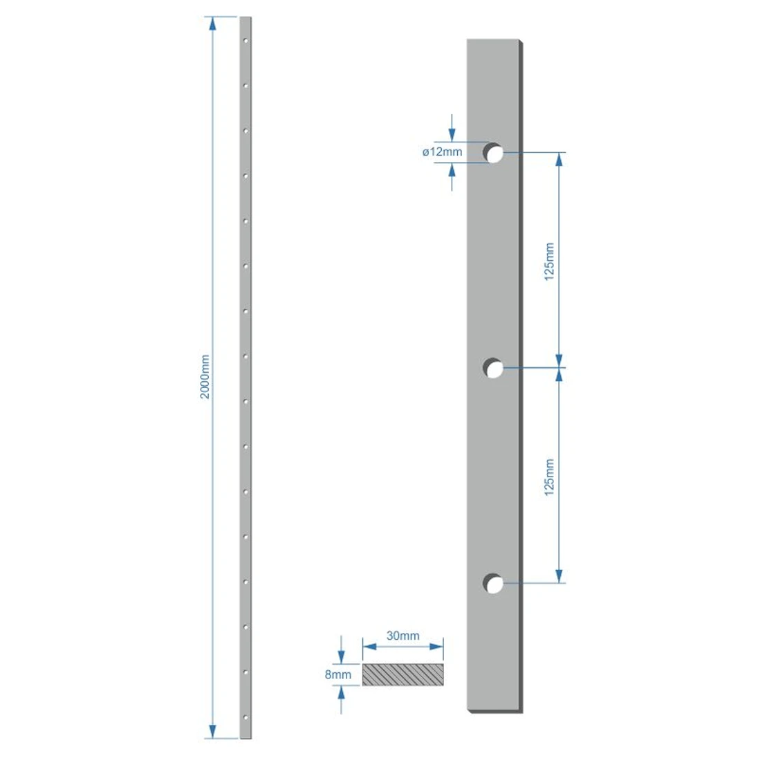 Tyč 30 x 8 x 2000 mm, rozteč dier 125 mm, diera ø 12 mm