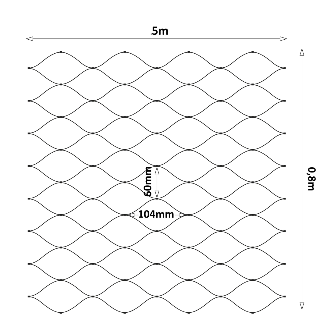 Čierna lanková sieť, 0,8 x 5 m, oko 60 x 104 mm, ø 2 mm, AISI 304