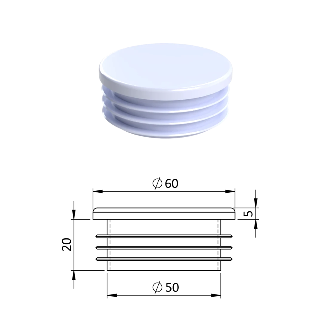 Vnútorná krytka guľatá ø 60 mm plastová, biela