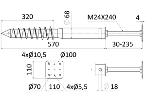 Zemný vrut, pätka M24, 110 x 110 mm, zinková farba - slide 3