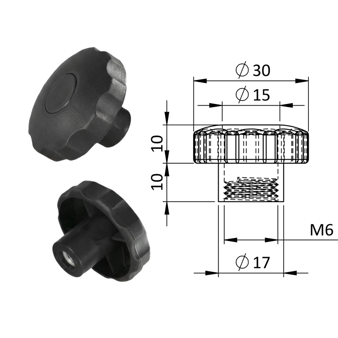Aretačná matica, ø 30 x 20 mm, M6, polyamid, čierna