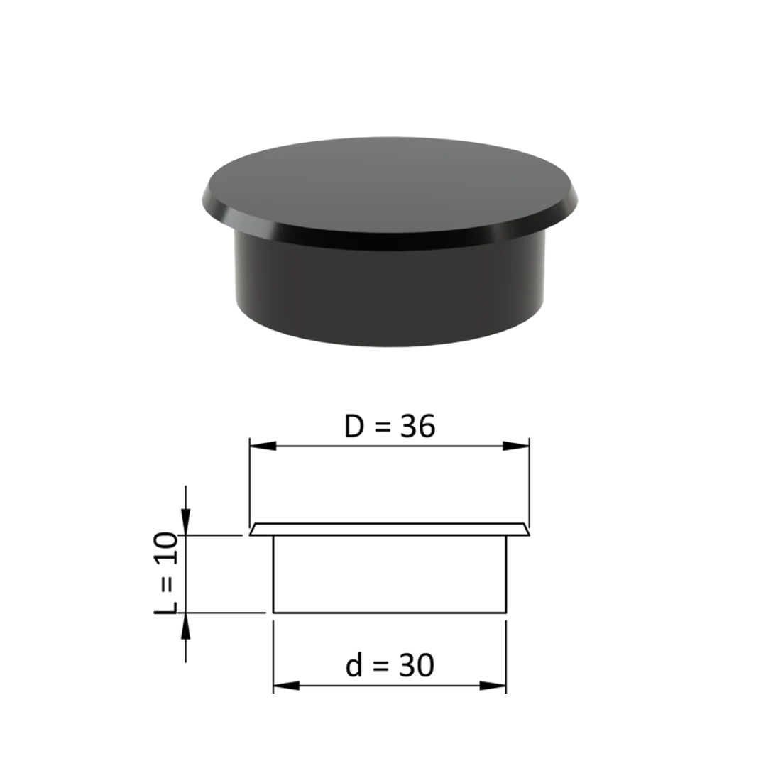 Vnútorná krytka guľatá ø 36 mm, otvor ø 30 mm, čierna, plast