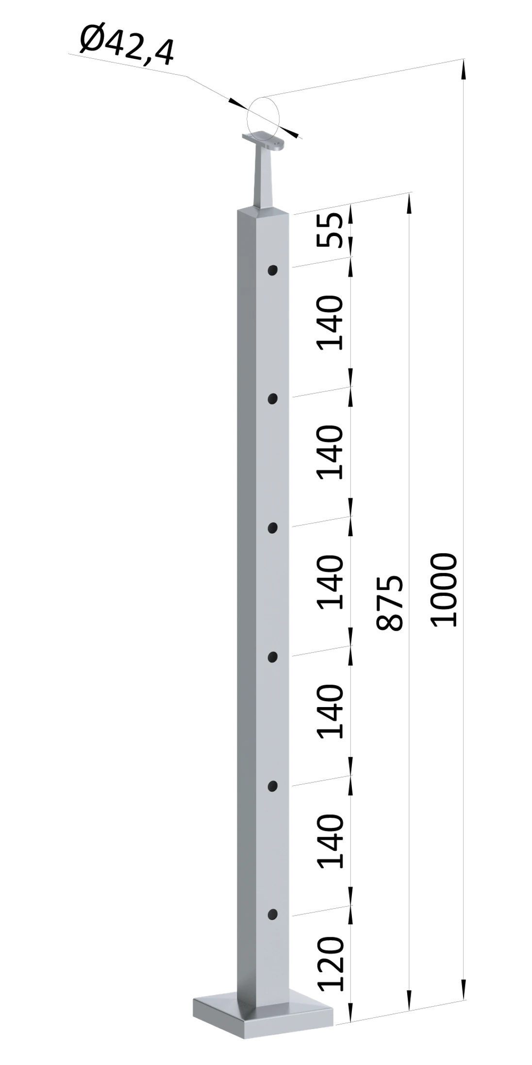 Nerezový sloup, vrchní kotvení, 6děrový průchozí