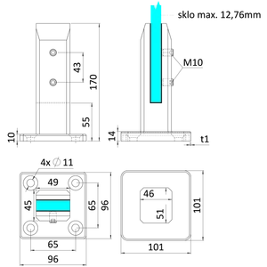 Vrchné kotvenie pre sklo 10 - 12,76 mm, brúsená AISI 316 - slide 2