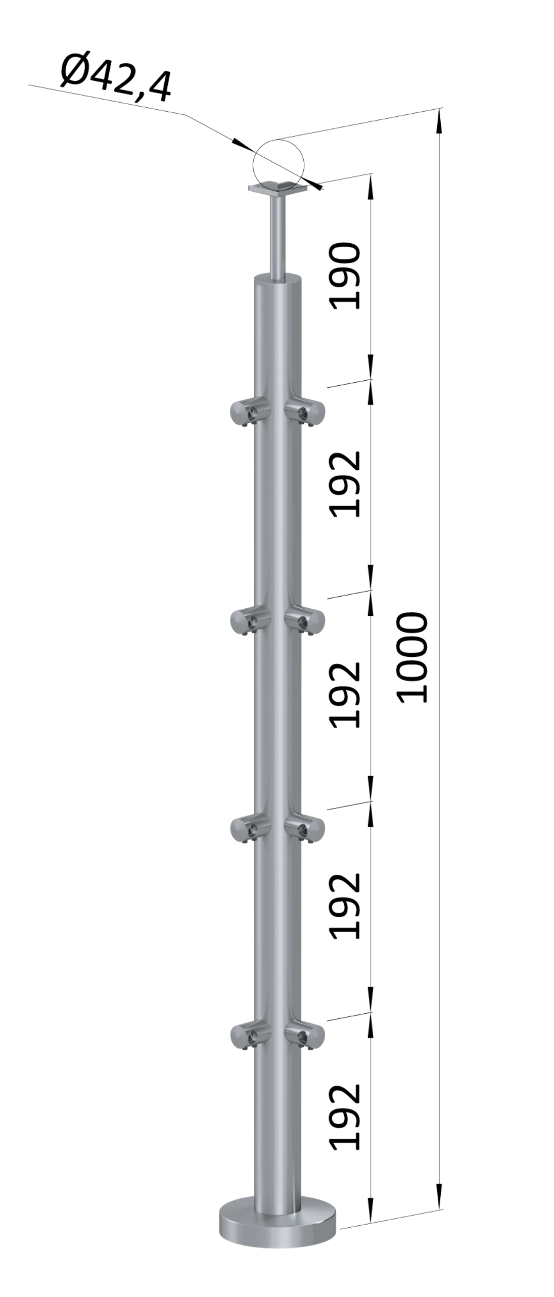 Nerezový sloup, vrchní kotvení, 4řadový, rohový: 90°