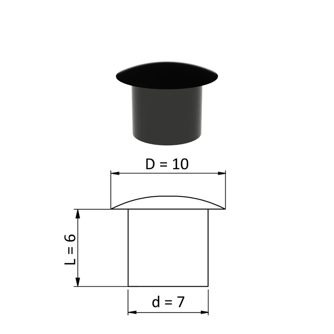 Vnútorná krytka guľatá ø 10 mm, otvor ø 7 mm, čierna, plast