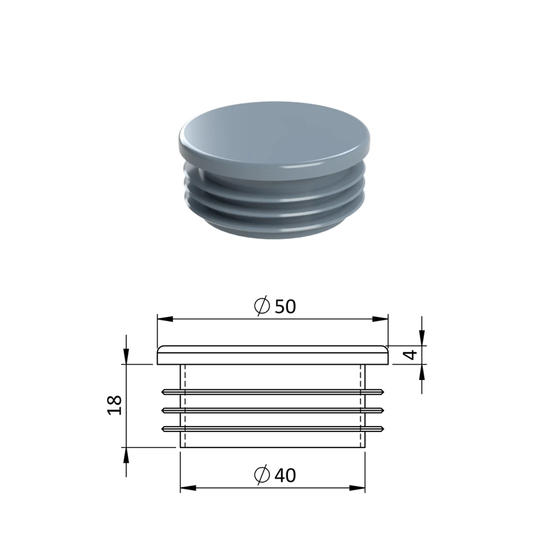 Vnútorná krytka guľatá ø 50 mm, plastová, sivá