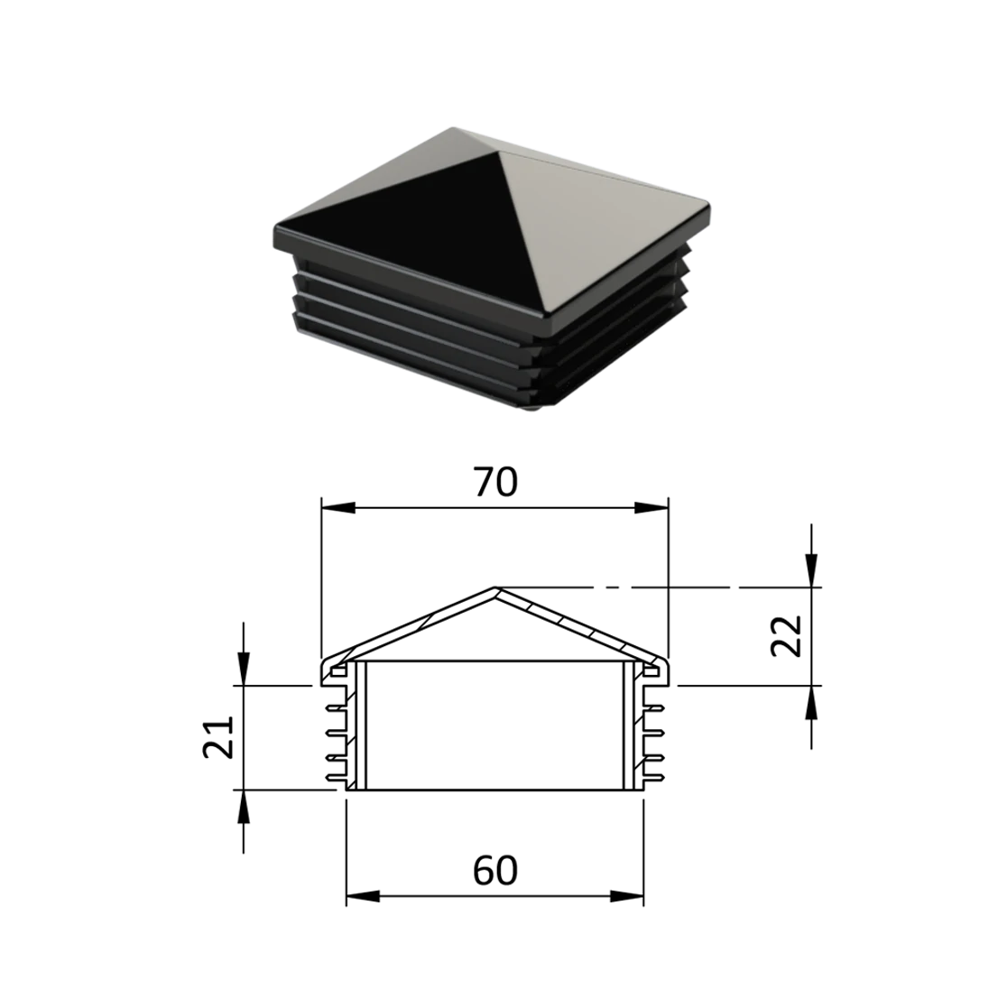 Krytka plastová se stříškou 70 x 70 mm, černá