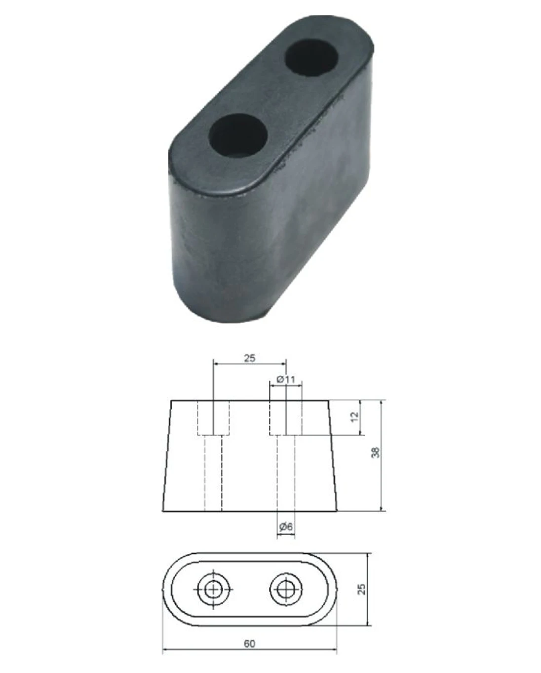 Doraz gumený 60 x 25 x 38 mm