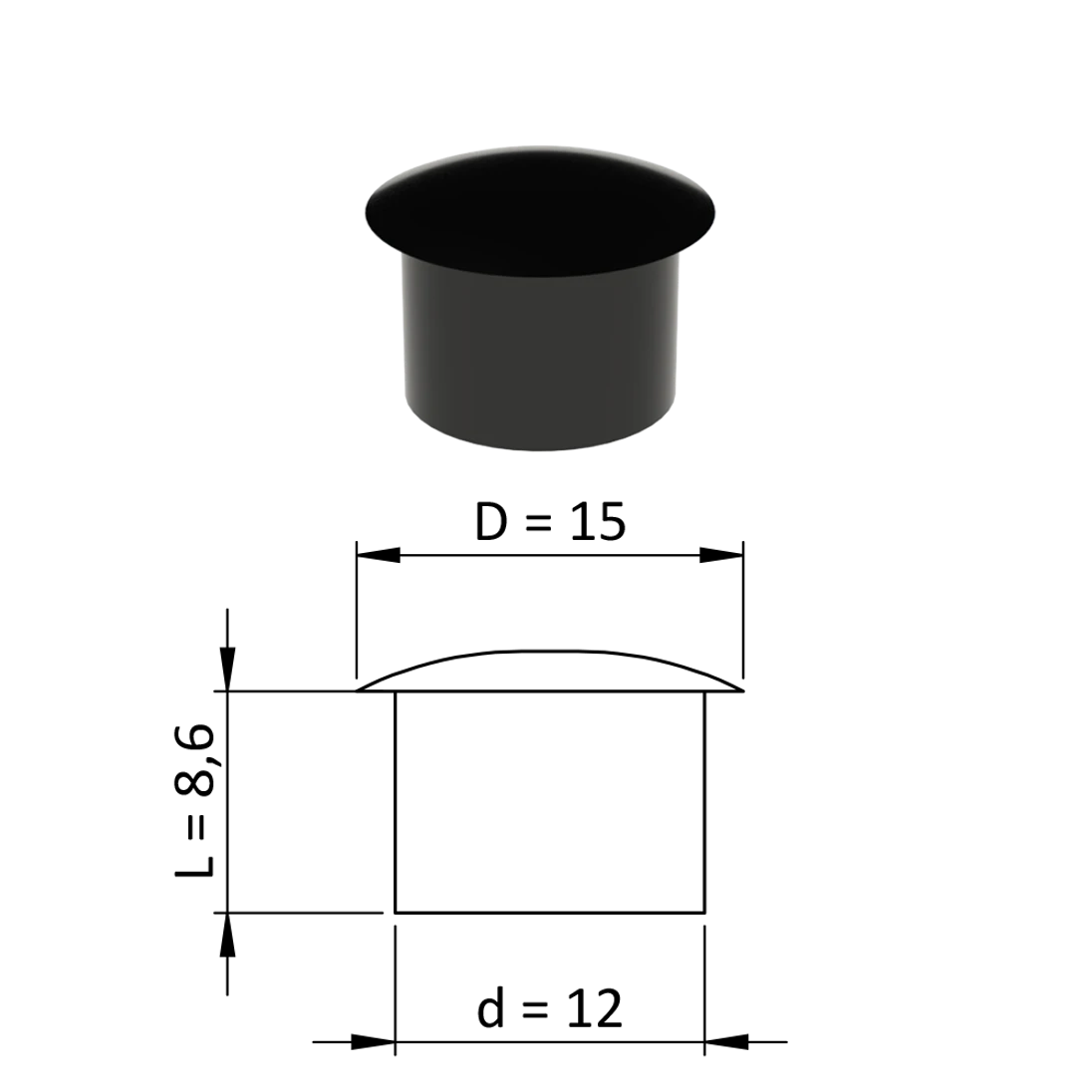 Vnitřní krytka kulatá ø 15 mm, otvor ø 12 mm, černá, plast