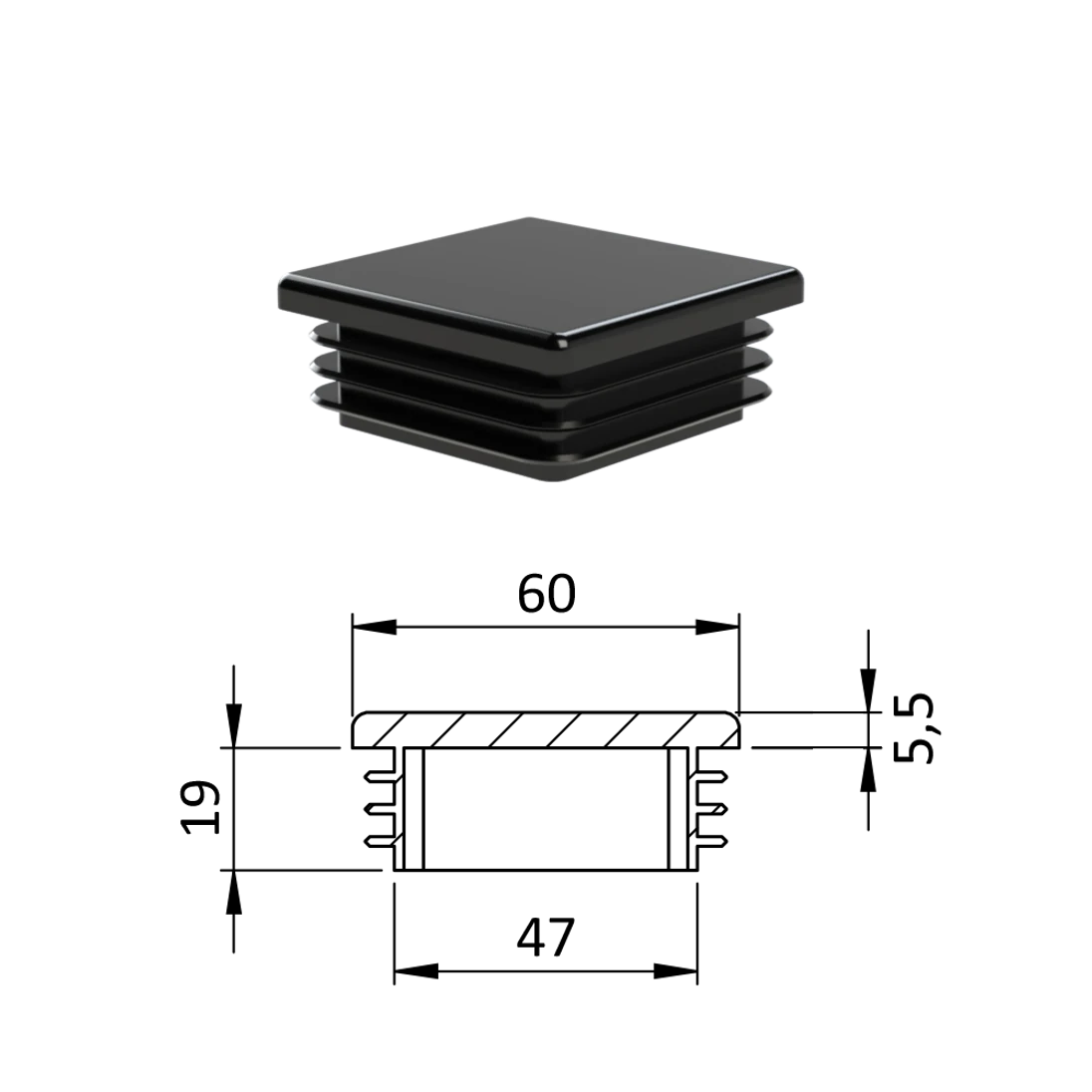 Krytka plastová 60 x 60 x 3 - 5 mm, černý
