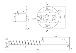 Zemní vrut, stavební patka, ø 220 mm, žárový pozink - slide 1