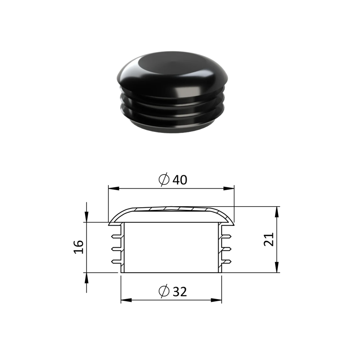 Vnútorná krytka guľatá ø 40 mm, plastová, čierna