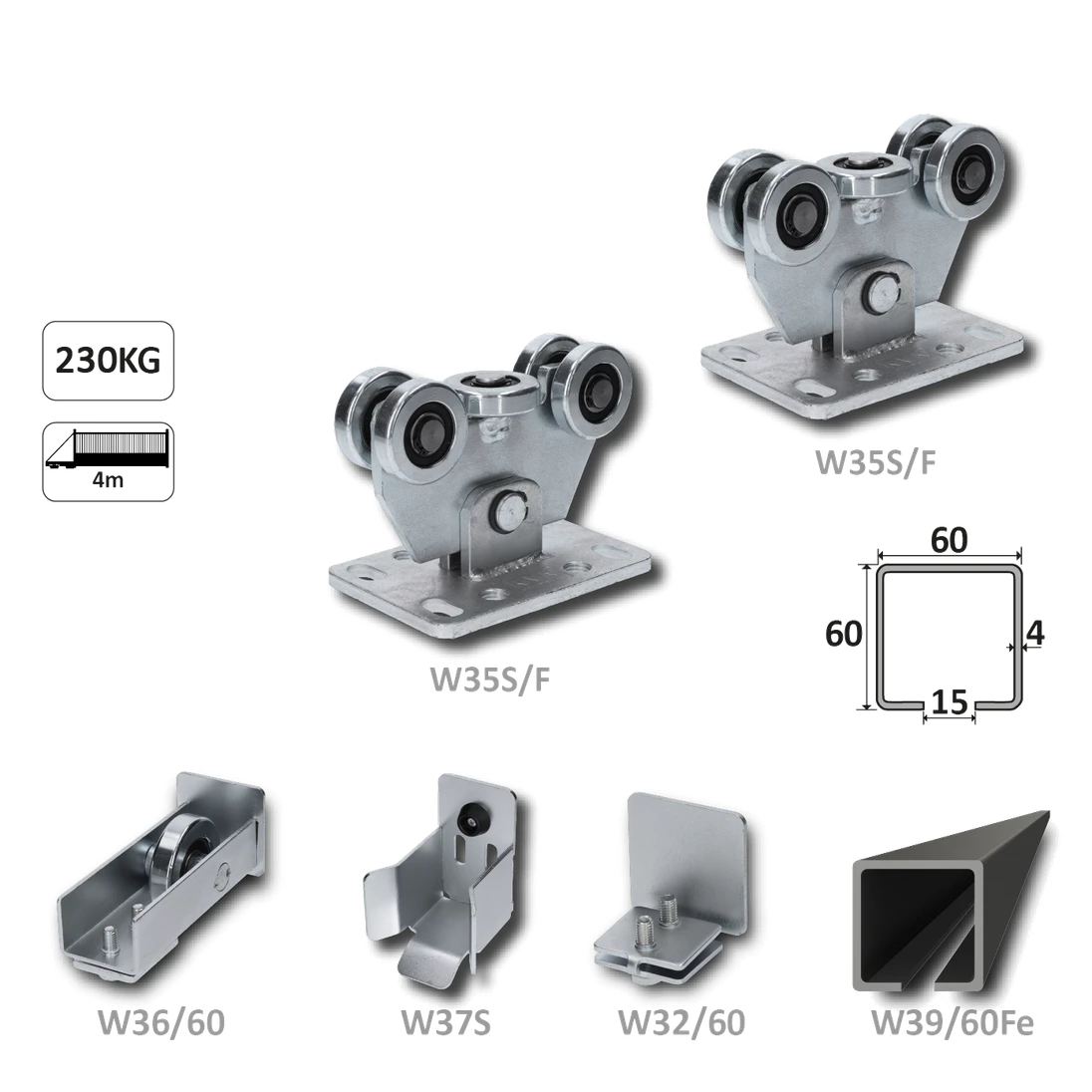 Samonos do 230 kg, profil 60 x 60 x 6000 mm, Fe