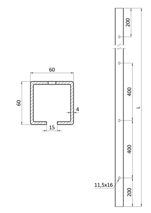 C profil 60 x 60 x 4 x 4000 mm s otvormi, pozinkovaný - slide 1