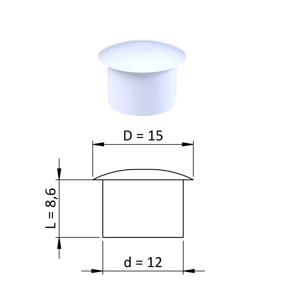 Vnitřní krytka kulatá ø 15 mm, otvor ø 12 mm, bílá, plast