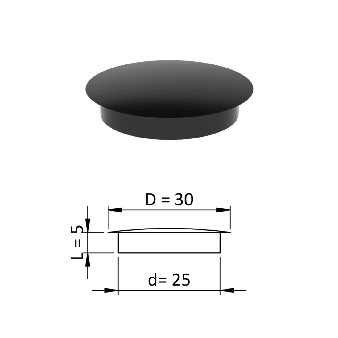 Vnútorná krytka guľatá ø 30 mm, otvor ø 25 mm, čierna, plast