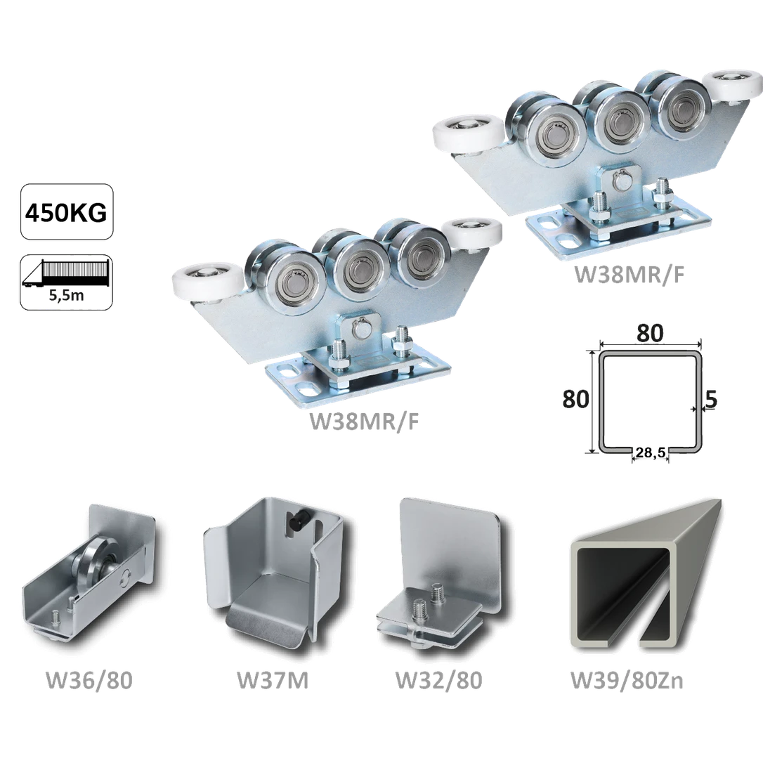 Samonos do 450 kg/5,5 m, profil 80 × 80 × 5 mm, Zn