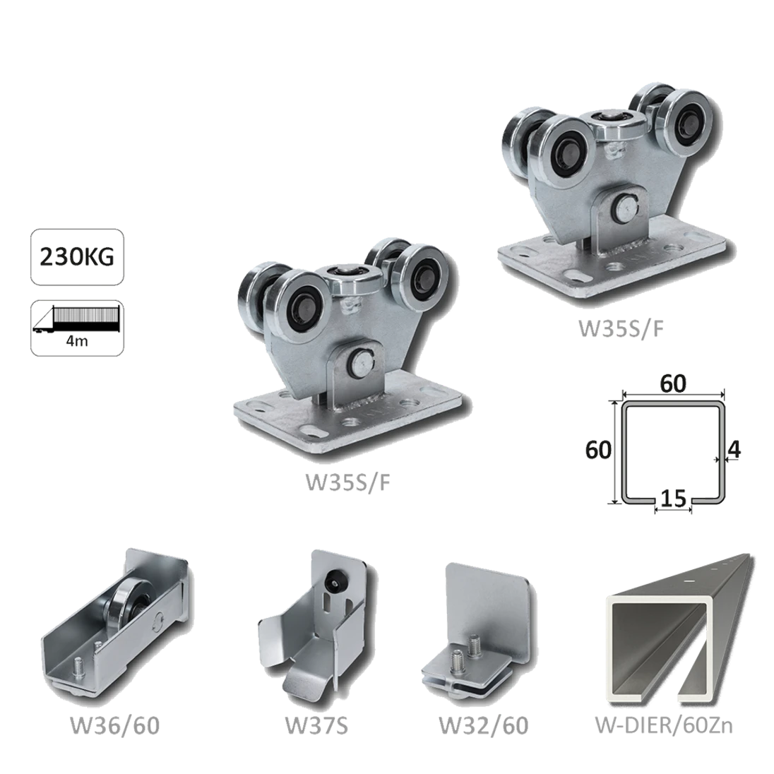 Samonos do 230 kg, dierovaný profil 60 x 60 x 6000 mm, Zn