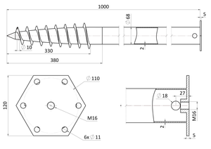 Zemný vrut, pätka s prírubou, 120 x 120 mm, žiarový pozink - slide 3