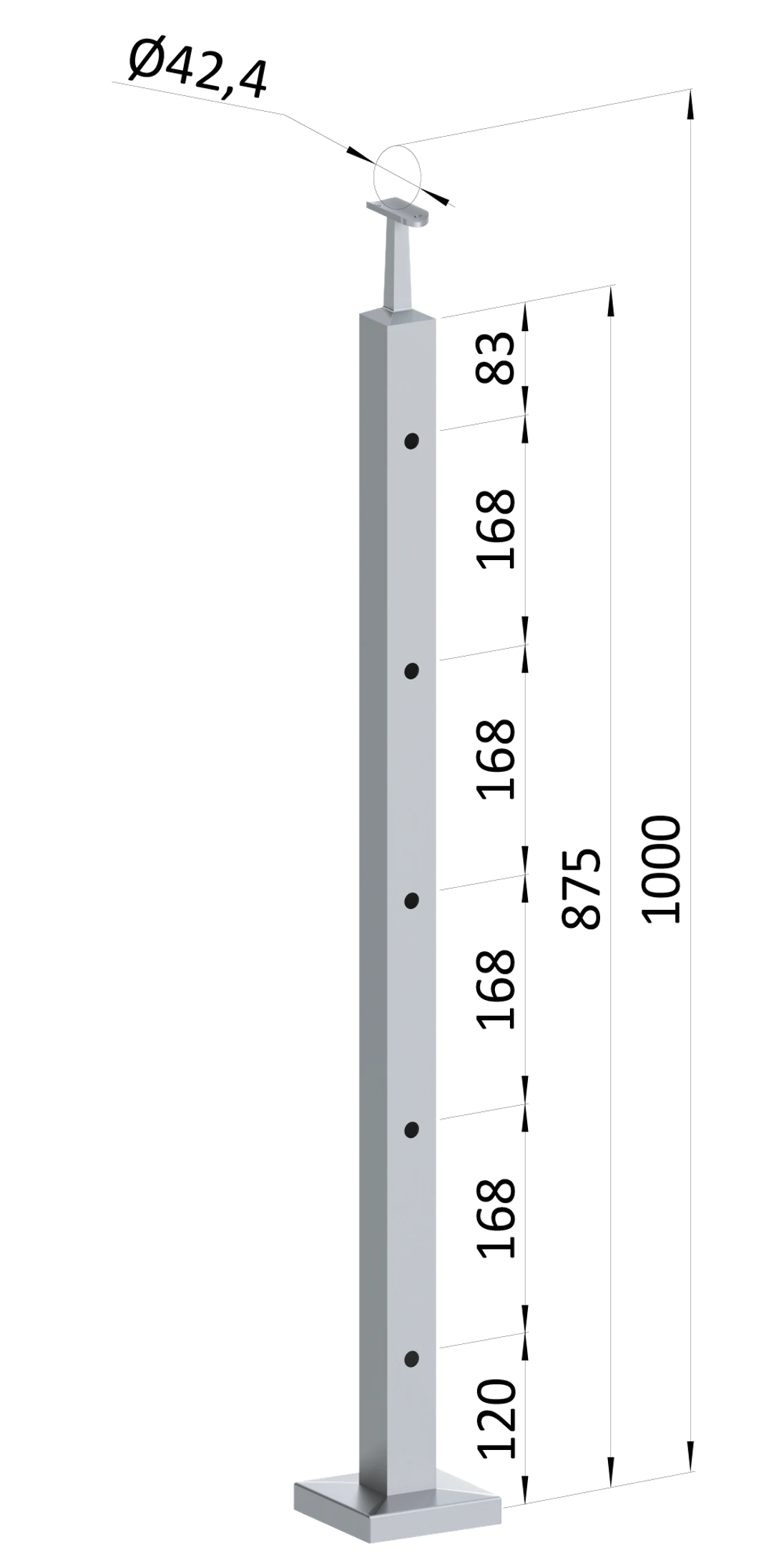 Nerezový stĺp, vrchné kotvenie, 5-dierový koncový