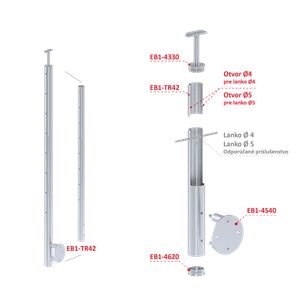Nerezový sloup, boční kotvení, 8děrový, lanko, průchozí - slide 2