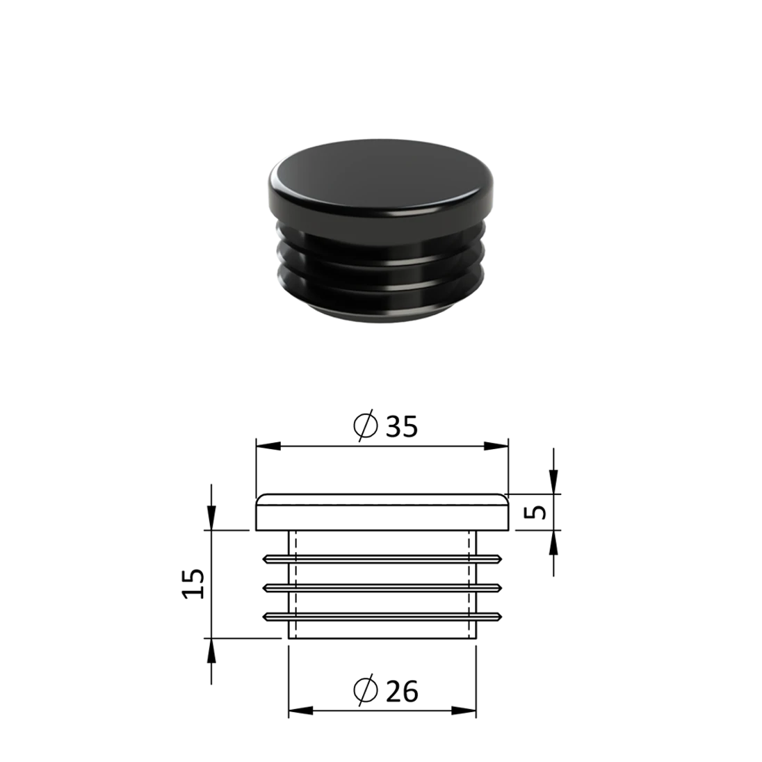 Vnútorná krytka guľatá ø 35 mm, plastová, čierna