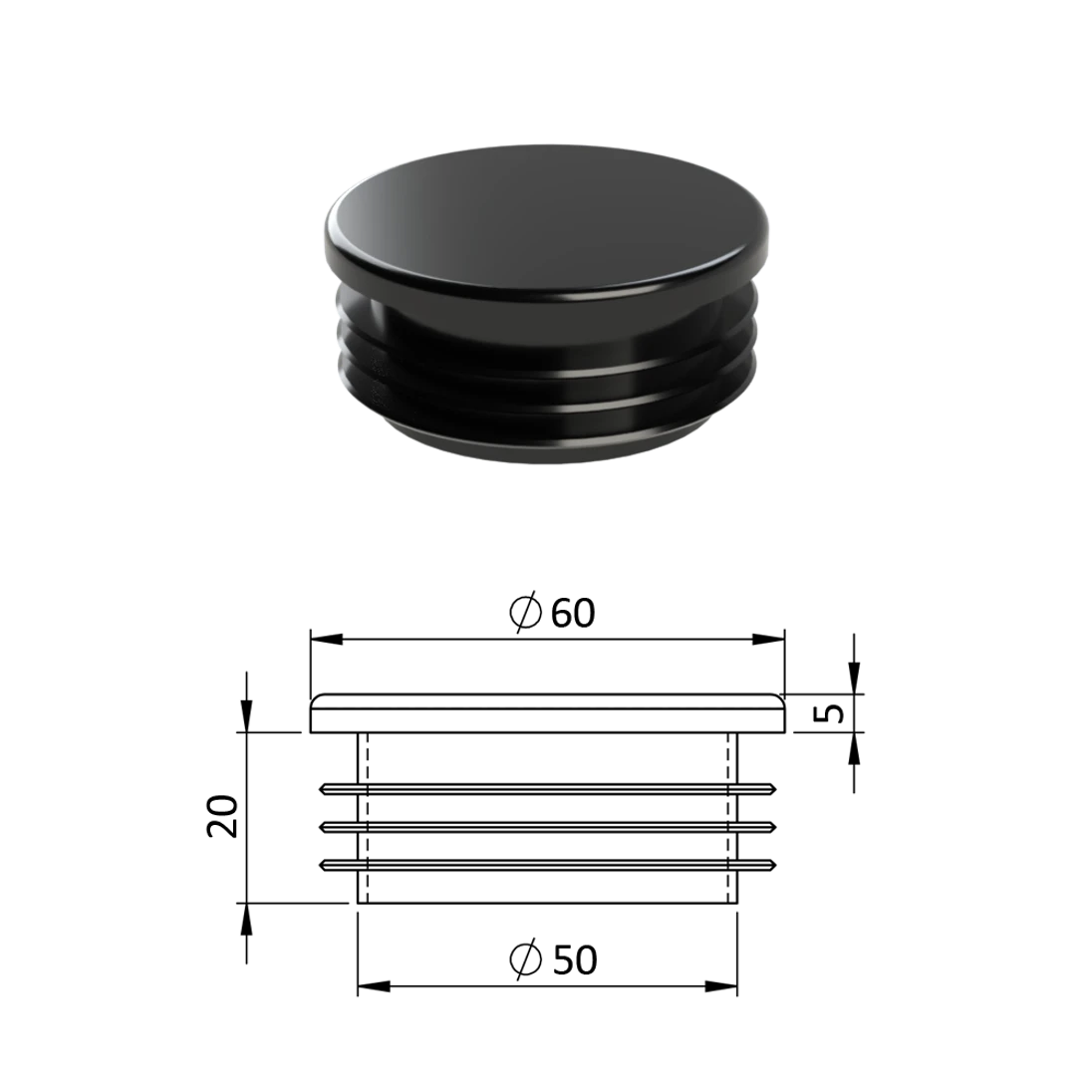 Vnútorná krytka guľatá ø 60 mm plastová, čierna