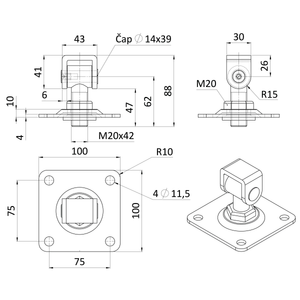 Pant M20 plotna 100x100mm, nastavitelný 1D, částečně pozink - slide 1