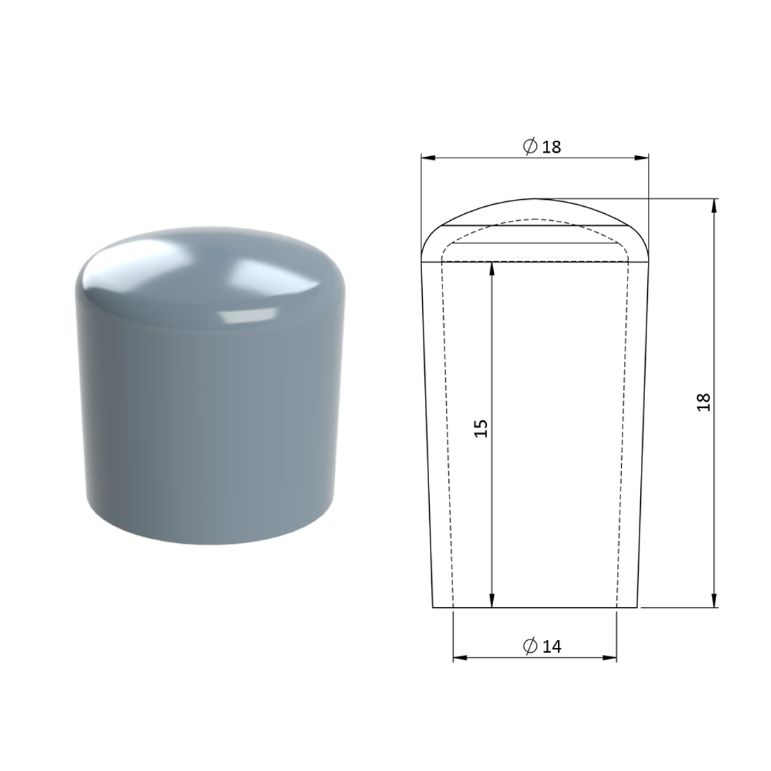 Vonkajšia krytka PVC ø 18 x 18 mm, otvor 14 x 15 mm, sivá