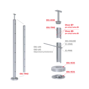 Nerezový sloup, vrchní kotvení, 6děrový, lanko, koncový - slide 5