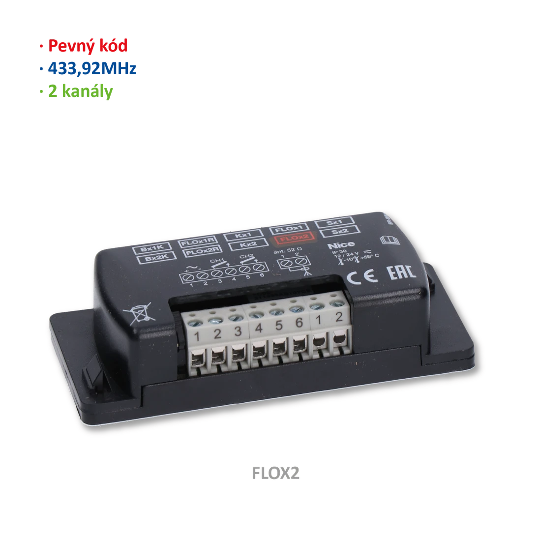 Prijímač externý, 2-kanálový, pevný kód, 433 MHz