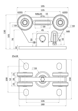 Vozík PICCOLO (67x67mm) pre brány do 300 kg/4,5 m, AISI 304 - slide 2