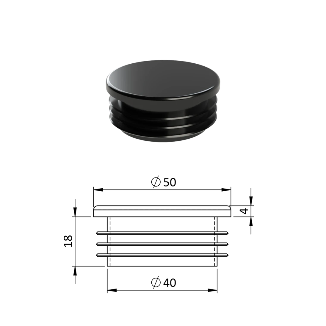 Vnitřní krytka kulatá ø 50 mm, plastová, černá