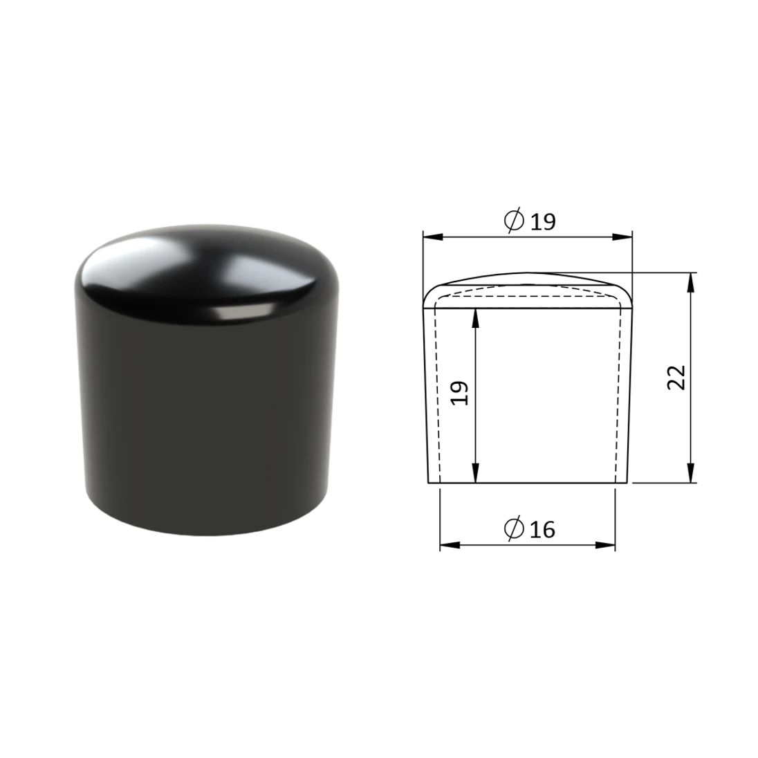 Vonkajšia krytka PVC ø 19 x 22 mm, otvor 16 x 19 mm, čierna