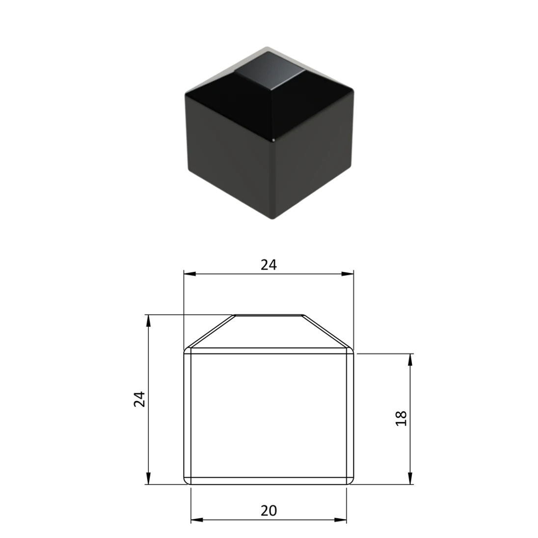 Vonkajšia krytka 20 x 20 mm, plastová PE, čierna