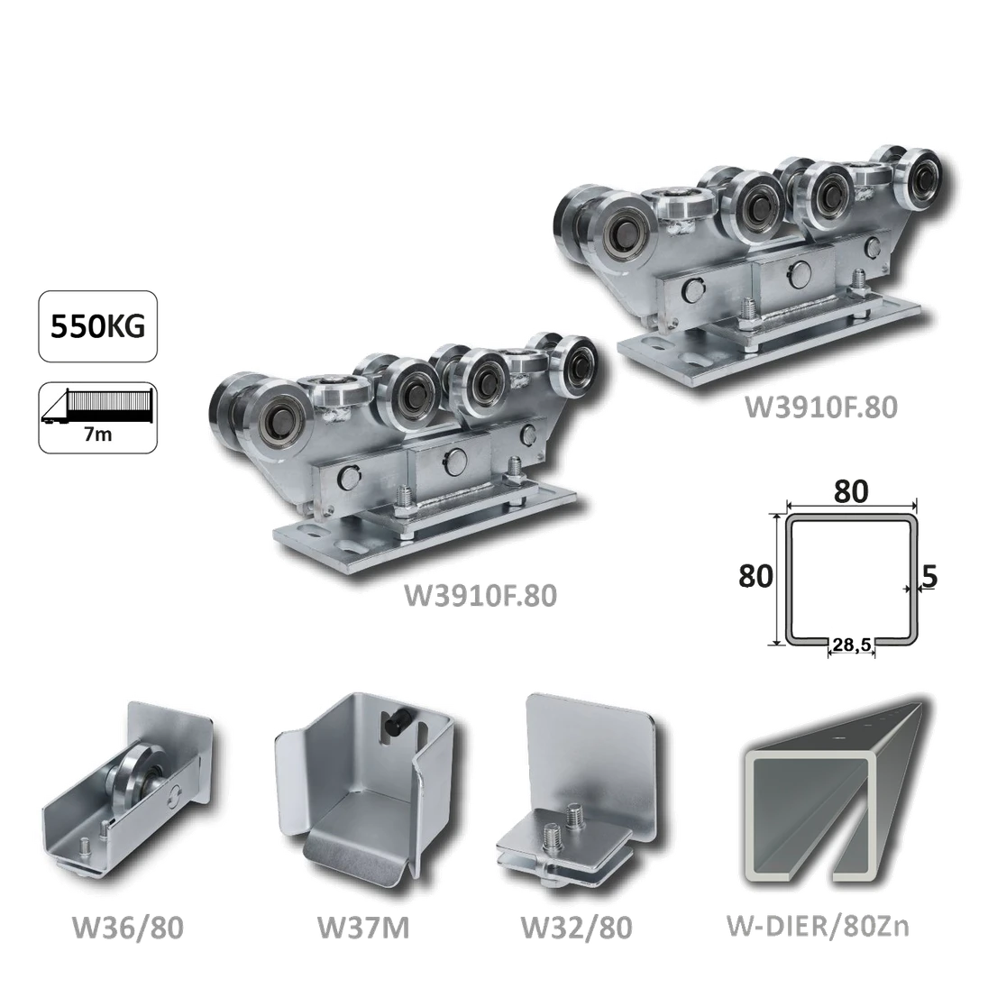 Samonos do 550 kg/7 m, děrovaný profil 80 x 80 x 5 mm, Zn