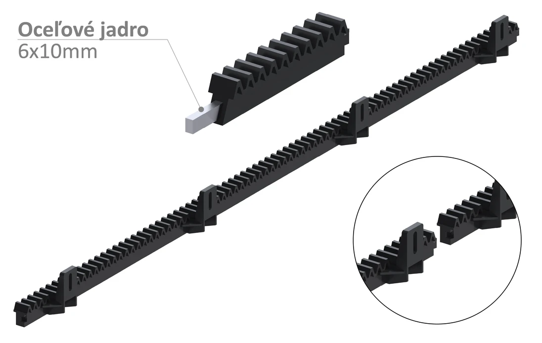 Hrebeň nylon 26 x 19 x 1000 mm, Fe jadro 6 x 10 mm, 400 kg