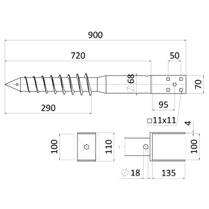 Zemní vrut, pätka U, 100 x 100 mm, žárový pozink - slide 3