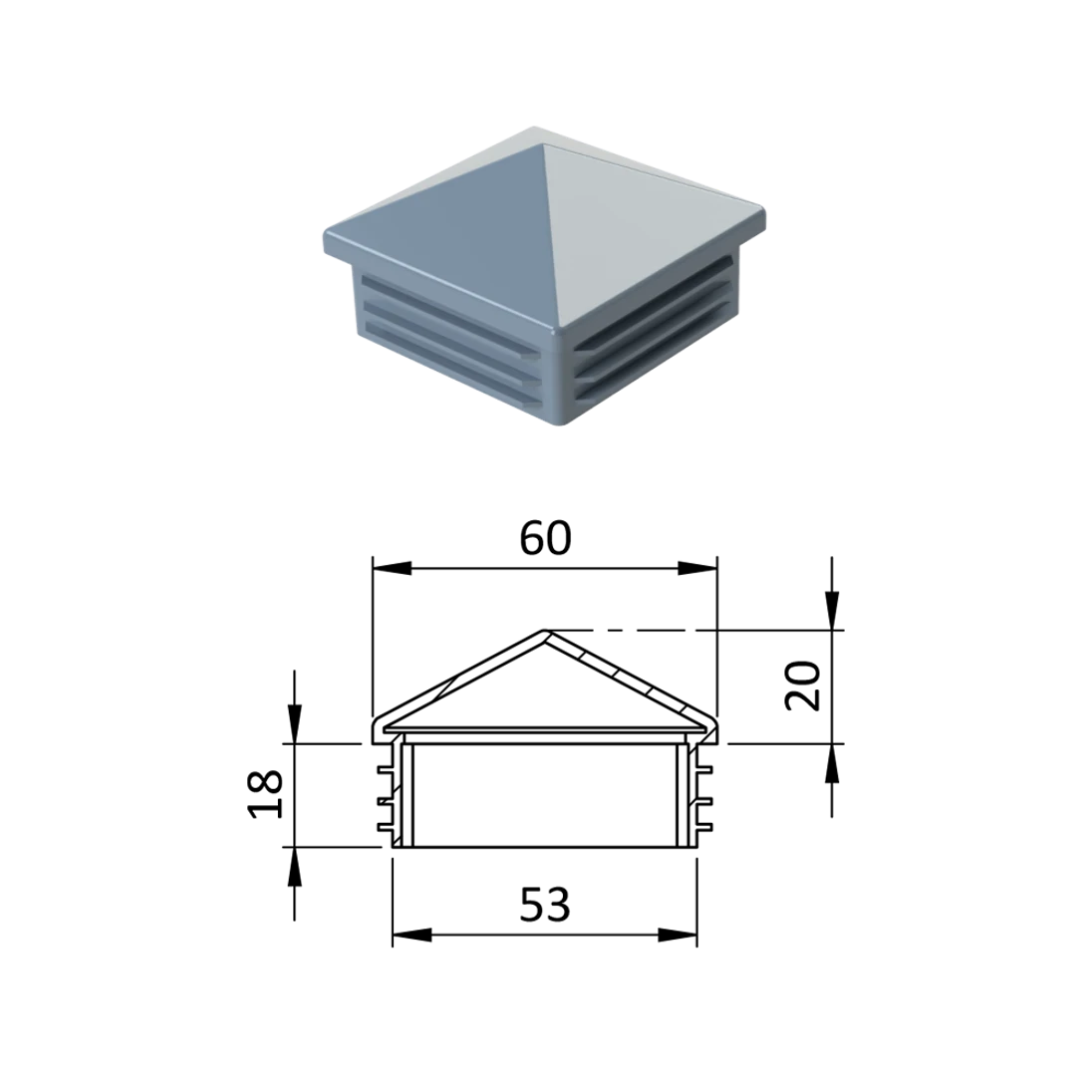 Krytka plastová so strieškou 60 x 60 mm, sivá