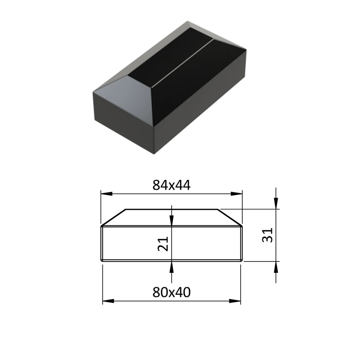 Vonkajšia krytka 40 x 80 mm, plastová PE, čierna