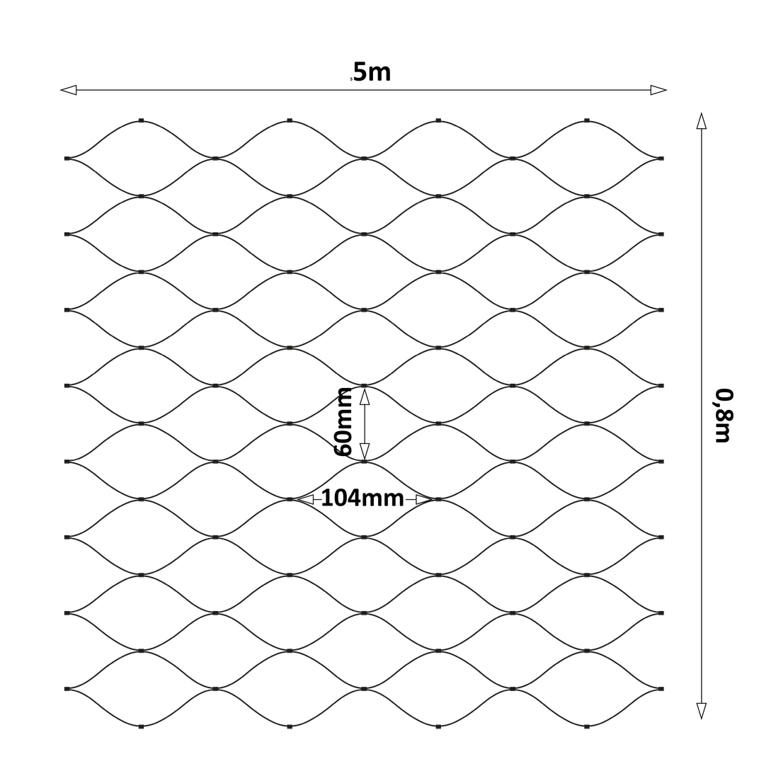 Čierna lanková sieť, 0,8 x 5 m, oko 60 x 104 mm, ø 2 mm, AISI 304