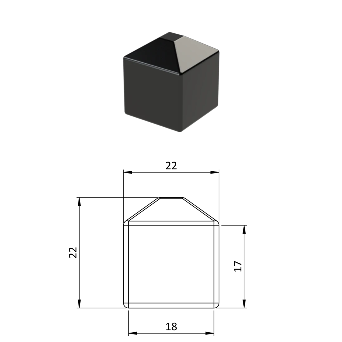 Vonkajšia krytka 18 x 18 mm, plastová PE, čierna