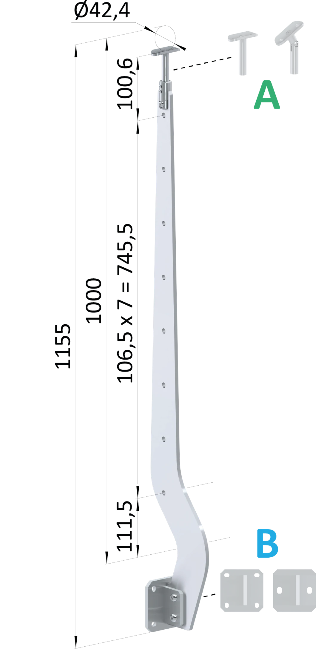 Nerezový vypalovaný sloup, boční kotvení, 8děrový