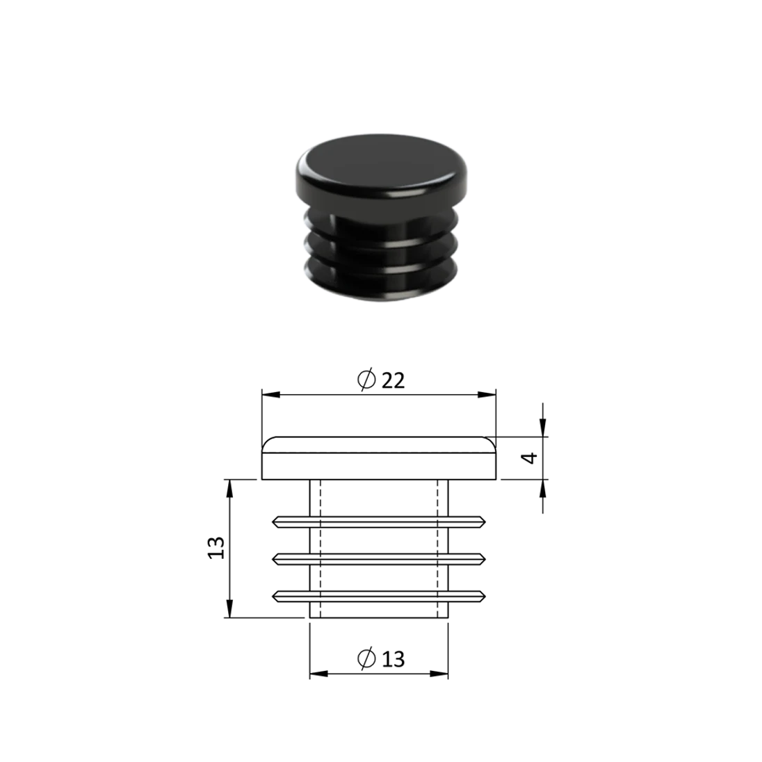 Vnútorná krytka guľatá ø 22 mm, plastová, čierna