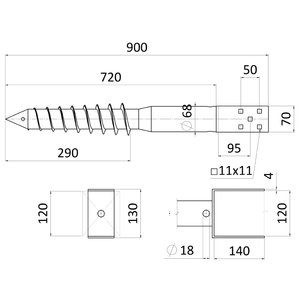 Zemní vrut, patka U, 120 x 120 mm, žárový pozink - slide 3